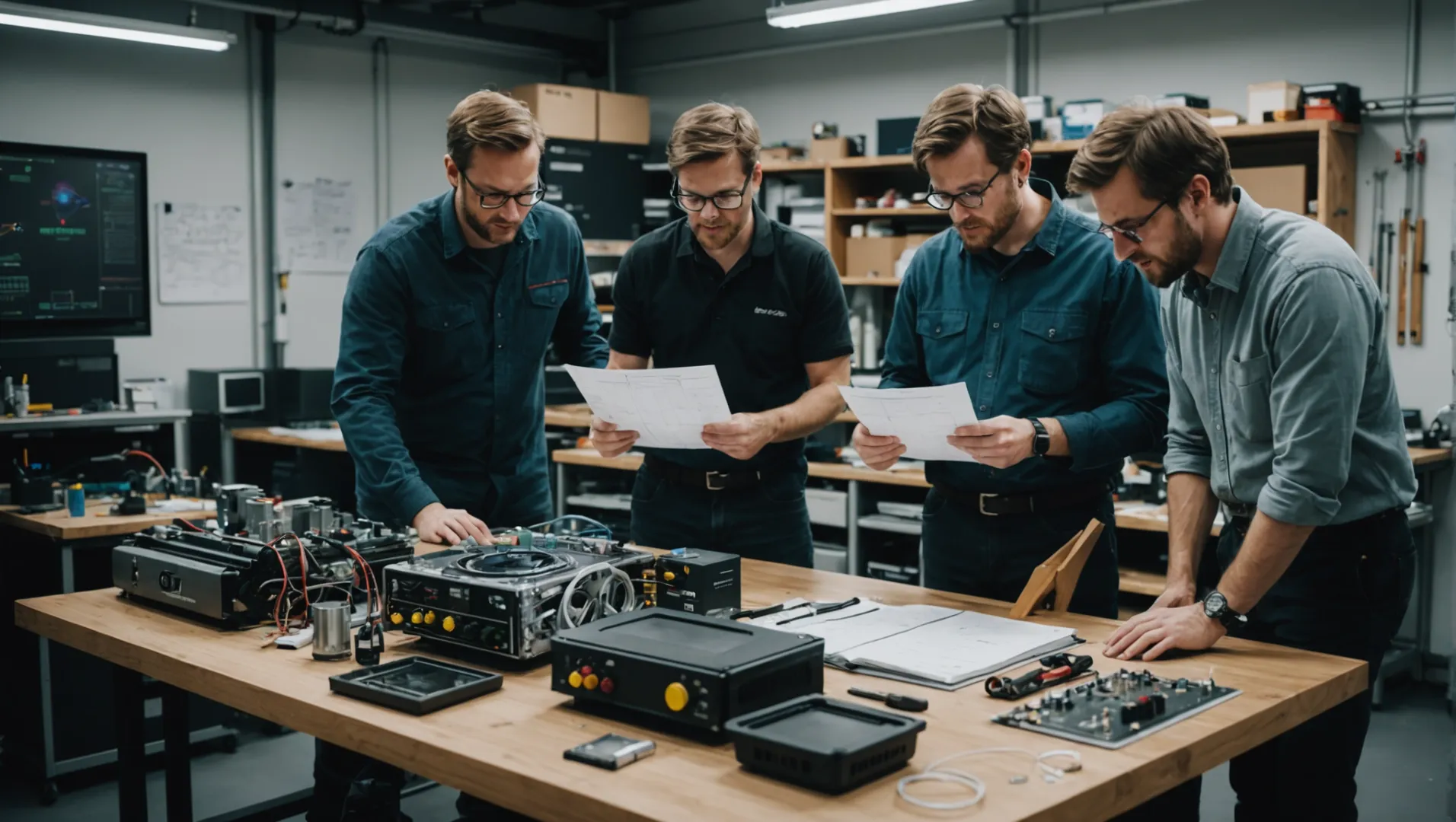 Air purifier prototype on a workbench with engineers evaluating its design and performance metrics.