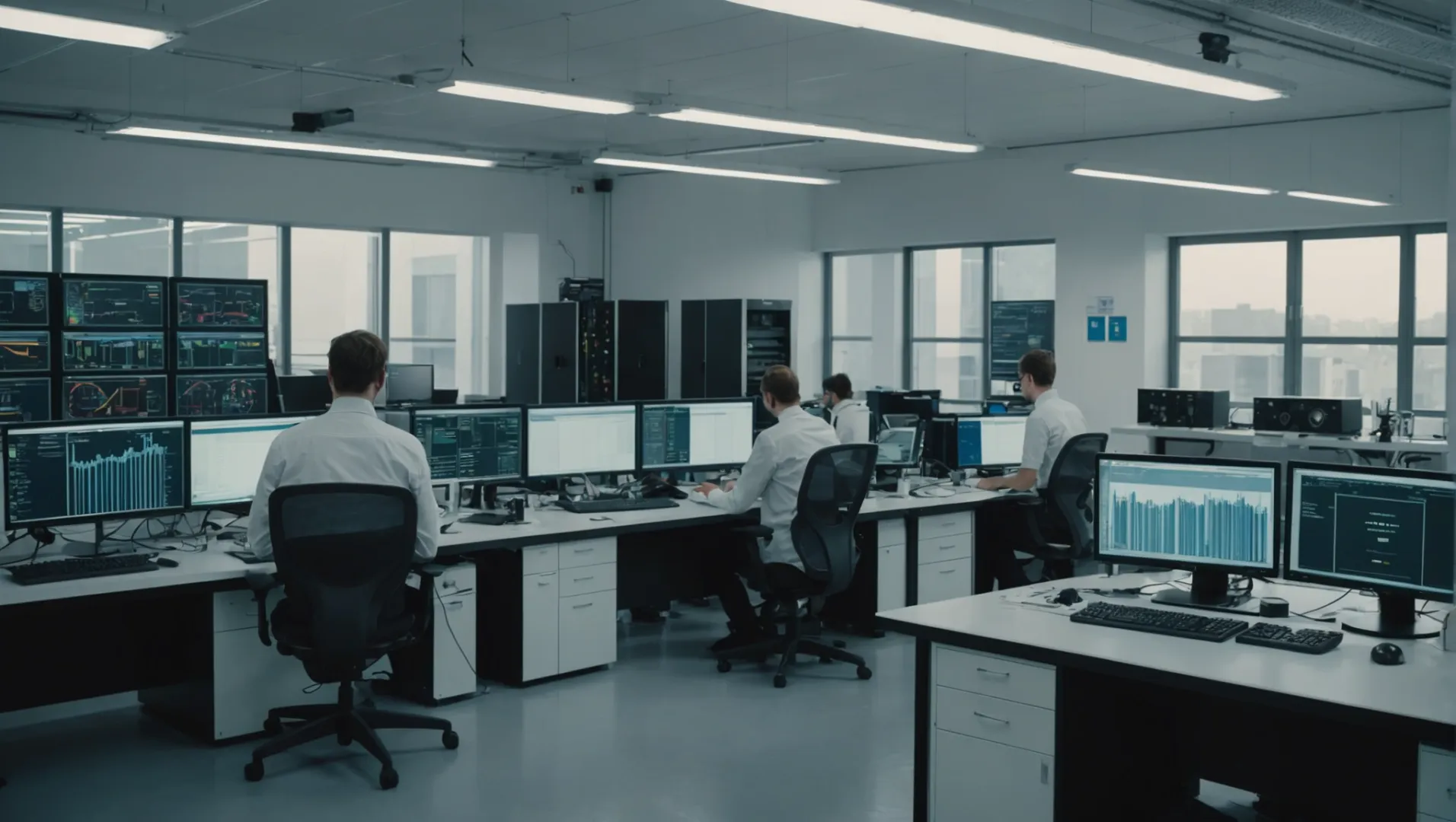 Air purifier prototype testing setup in a lab with various instruments and engineers evaluating performance.