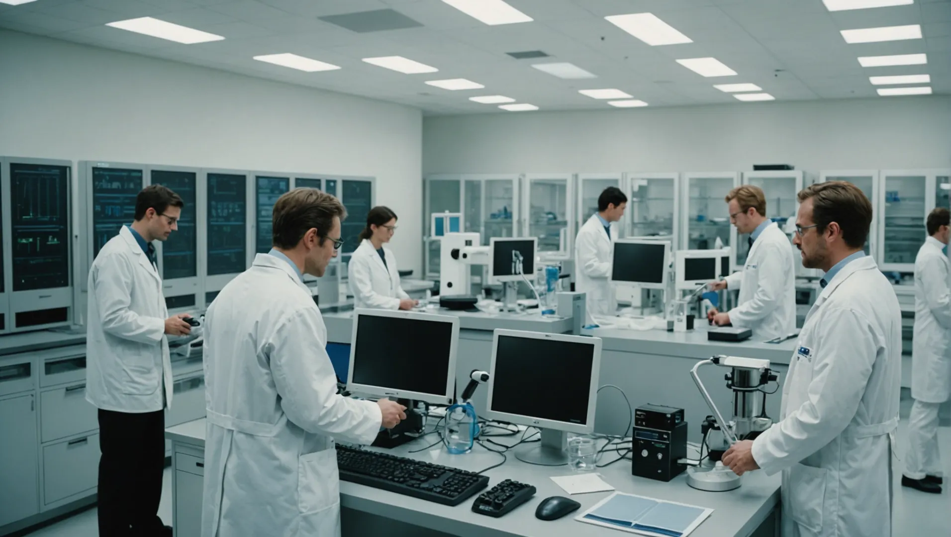 Air purifier prototype in a testing lab with engineers analyzing data.