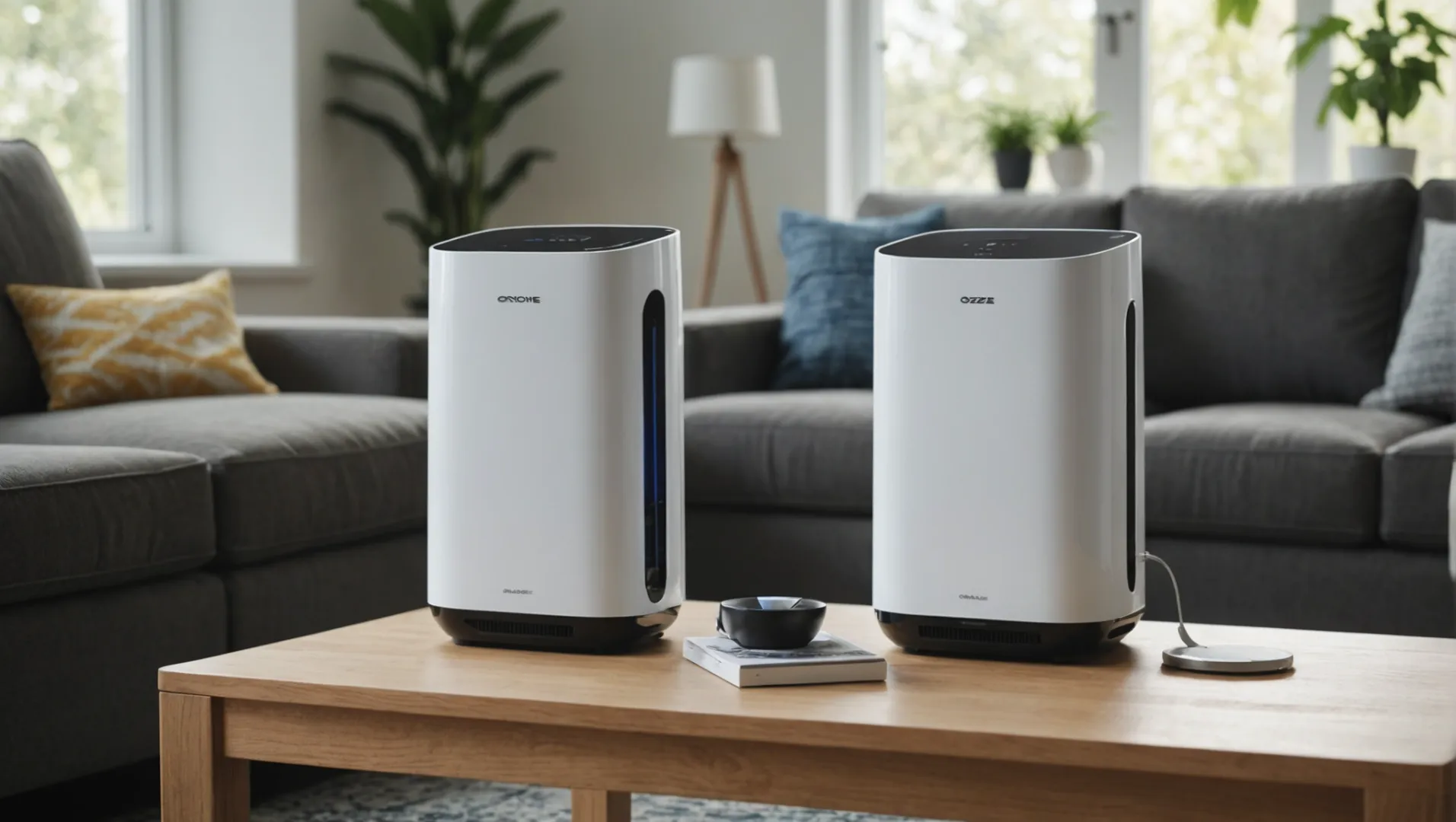 Different air purifier technologies lined up on a table, showcasing HEPA, ozone generator, and UV light options.