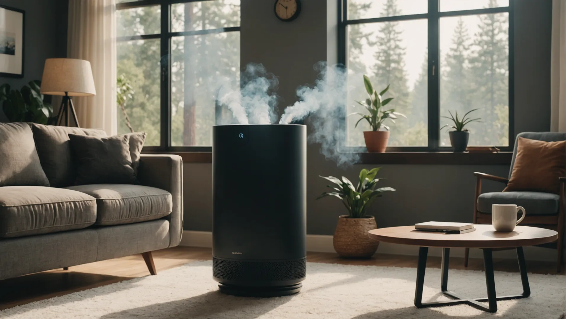 An air purifier operating in a smoky room during wildfire season