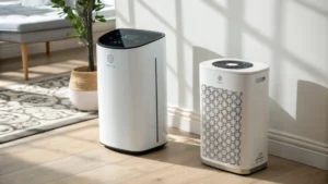 A comparison of two air purifiers, one modern and sleek, the other traditional and crafted.