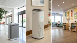 Three air purifiers in different environments: hotel lobby, hospital room, school classroom.