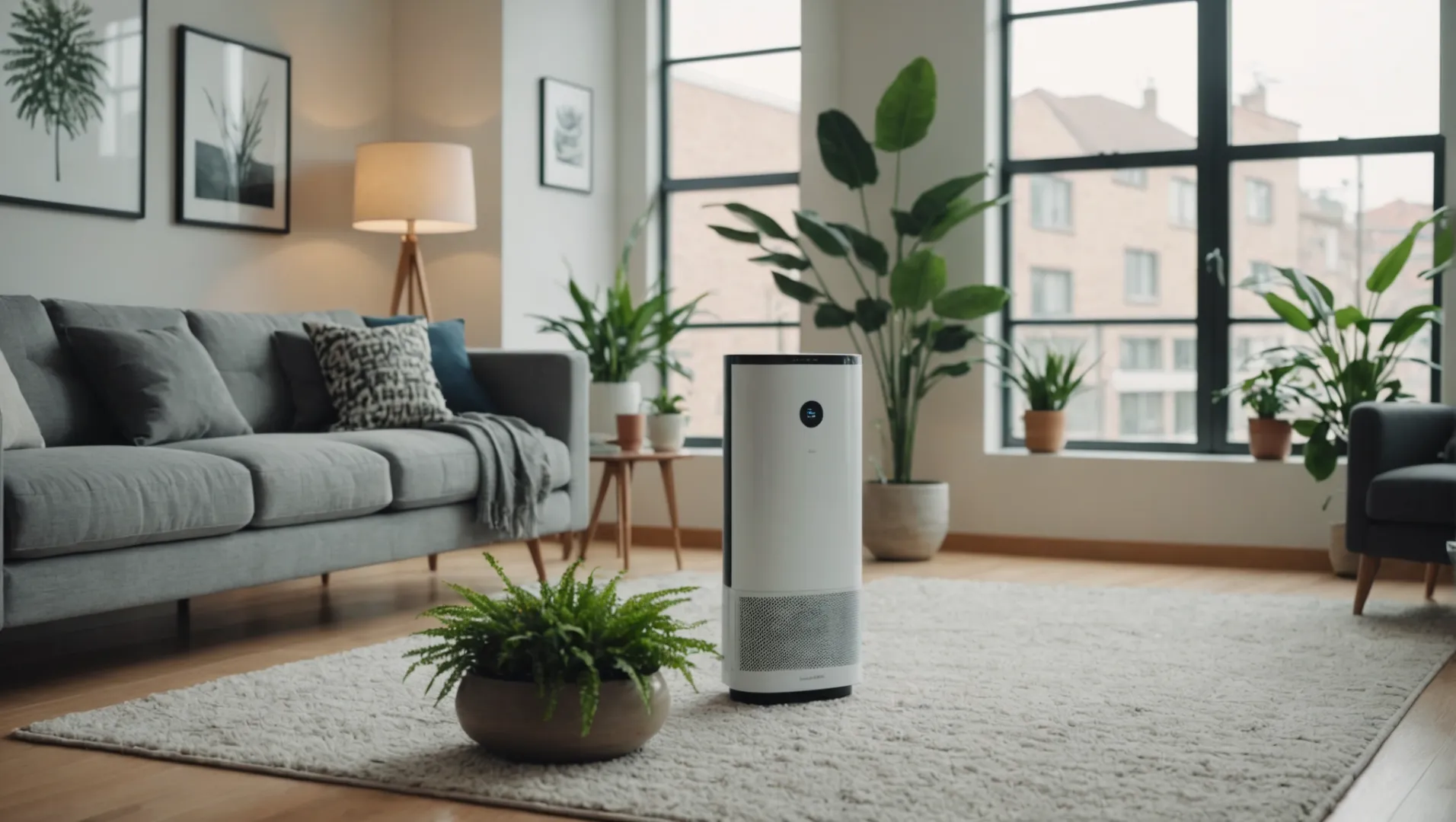 Air purifier in a modern living room with plants and natural light