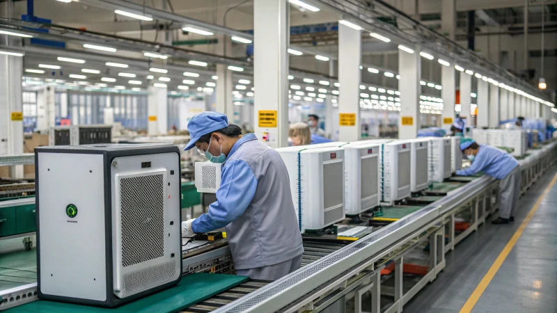 Workers assembling air purifiers on an assembly line