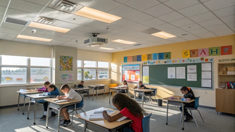 A modern classroom with students studying and a ceiling-mounted air purifier.