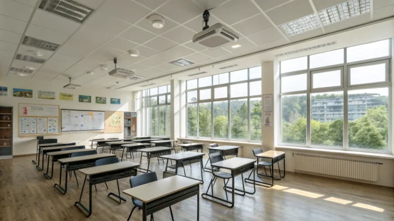 A modern classroom with air purifiers and large windows