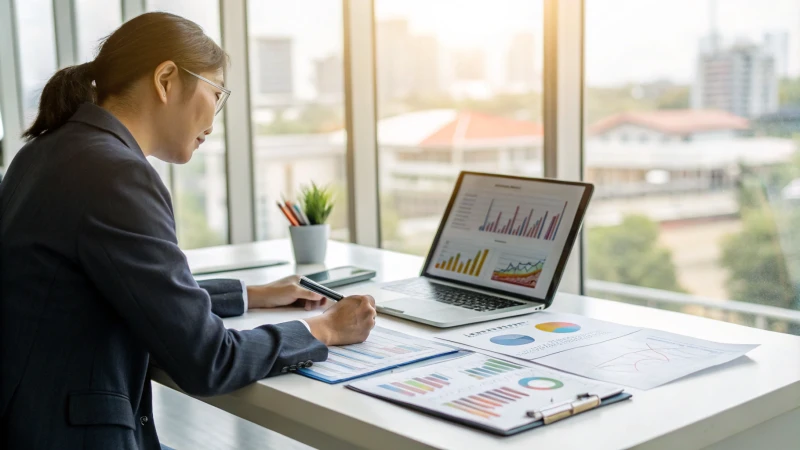 A business professional analyzing financial documents in a modern office