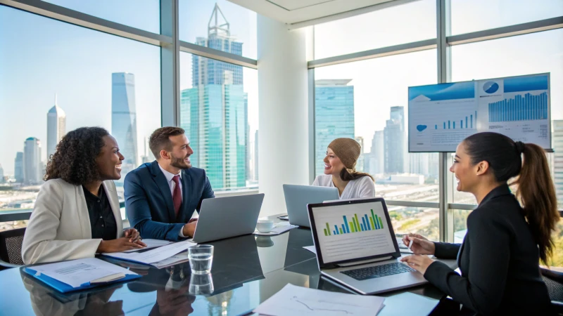 Diverse group of business professionals in a modern conference room discussing partnerships