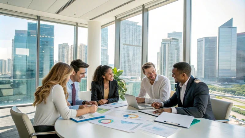 A diverse group of business professionals in a conference room