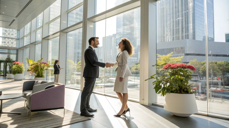 Two business professionals shaking hands in a contemporary office setting