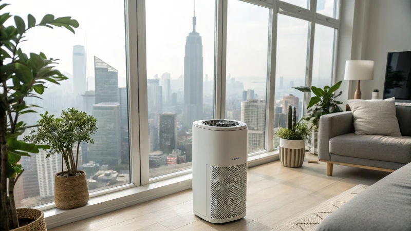 A modern living room with an air purifier and a city skyline in the background shrouded in smog