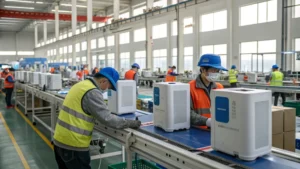 A busy factory assembly line producing air purifiers in Foshan, China