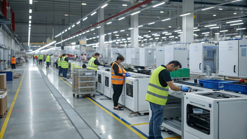 Workers assembling home appliances in a modern factory