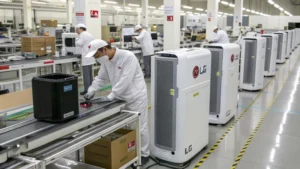 Workers assembling air purifiers in a modern facility