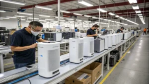 Workers assembling air purifiers in a factory