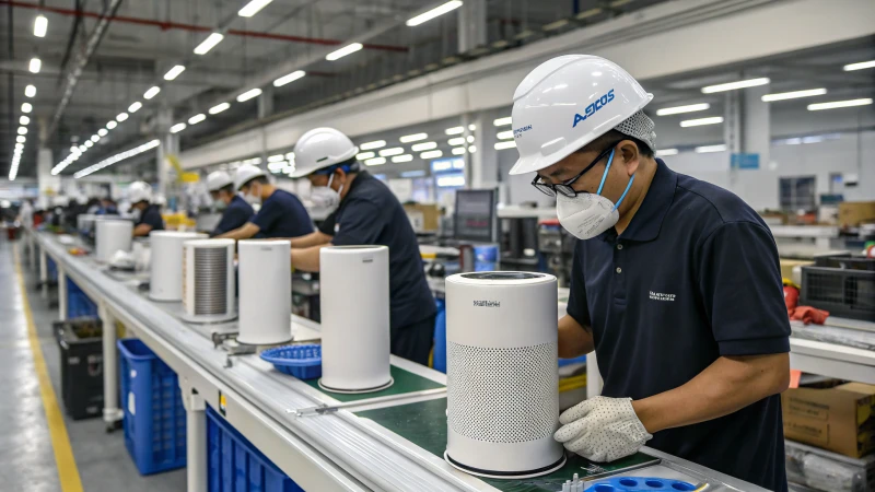 Factory assembly line with workers assembling air purifiers