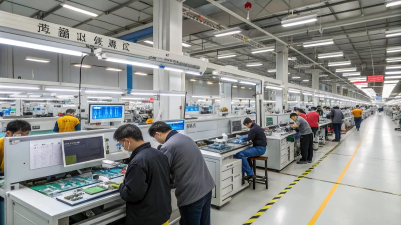 A busy manufacturing floor with diverse workers assembling electronics