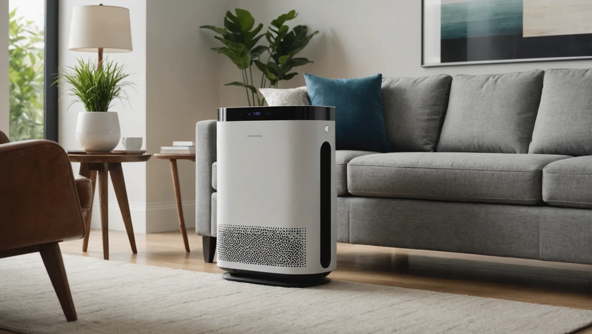 Modern air purifier in a living room with air quality indicators displayed.