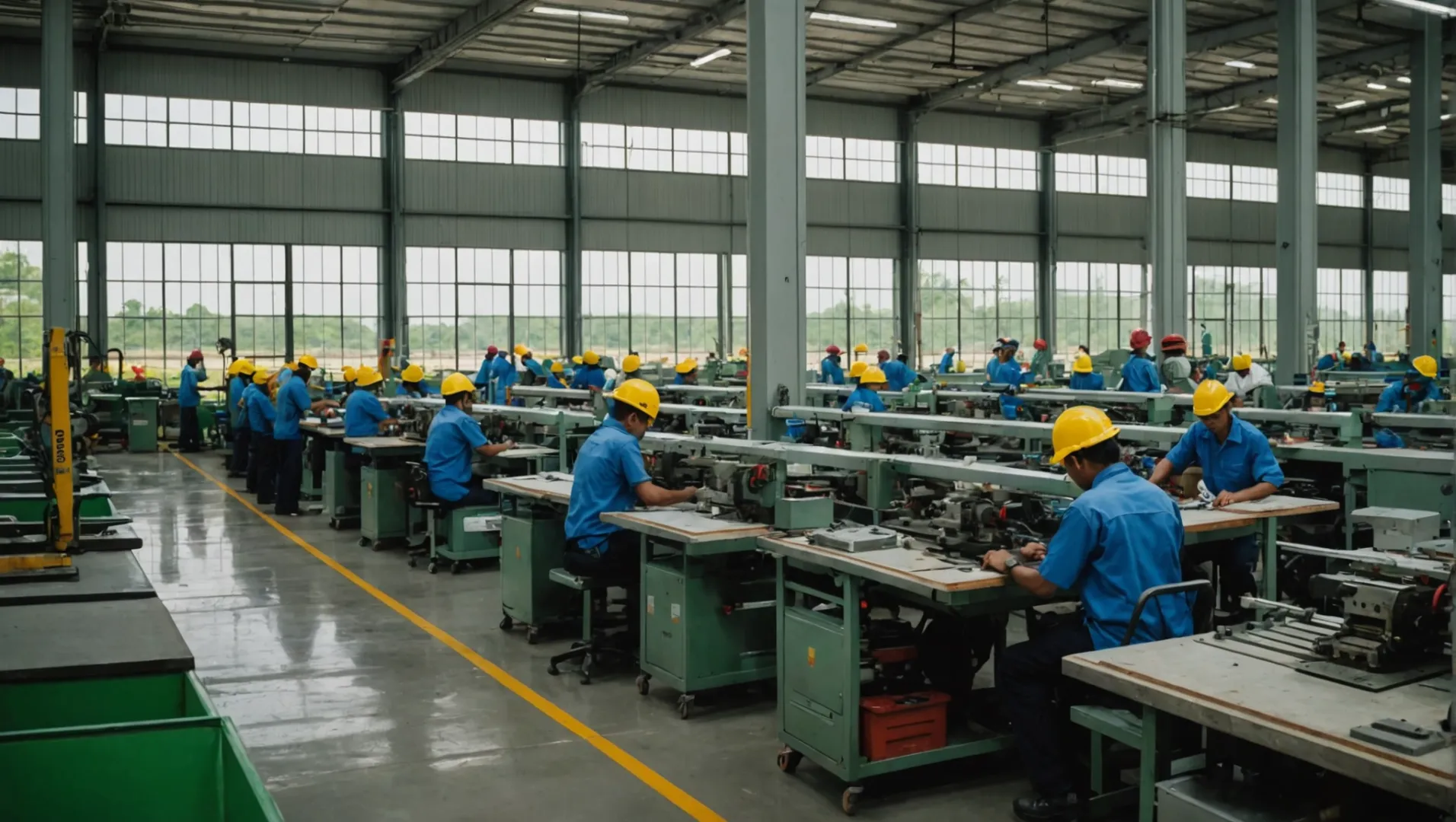 View of a modern manufacturing facility in Cambodia with workers and machinery