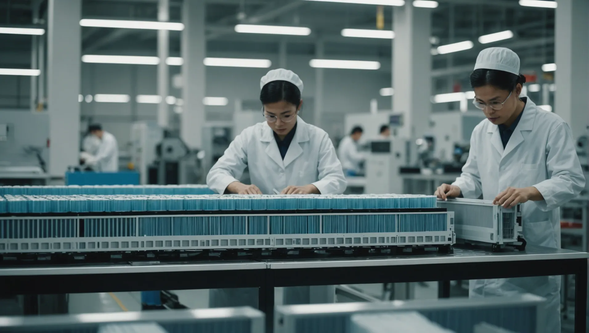 An assembly line of air purifiers in a Chinese factory with workers assembling the units.