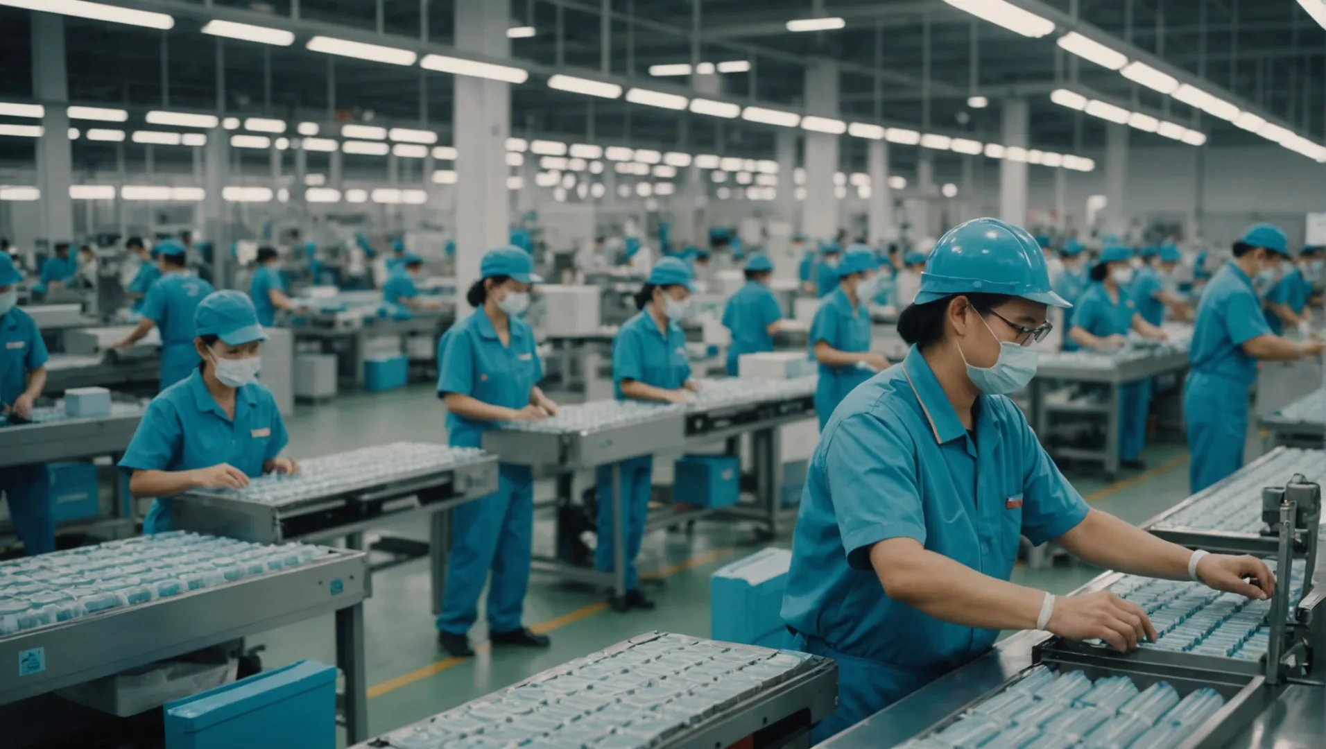 A bustling air purifier factory in China with workers assembling products