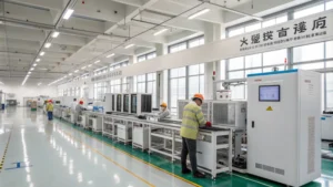 Interior of a Chinese air purifier manufacturing facility with workers assembling products.