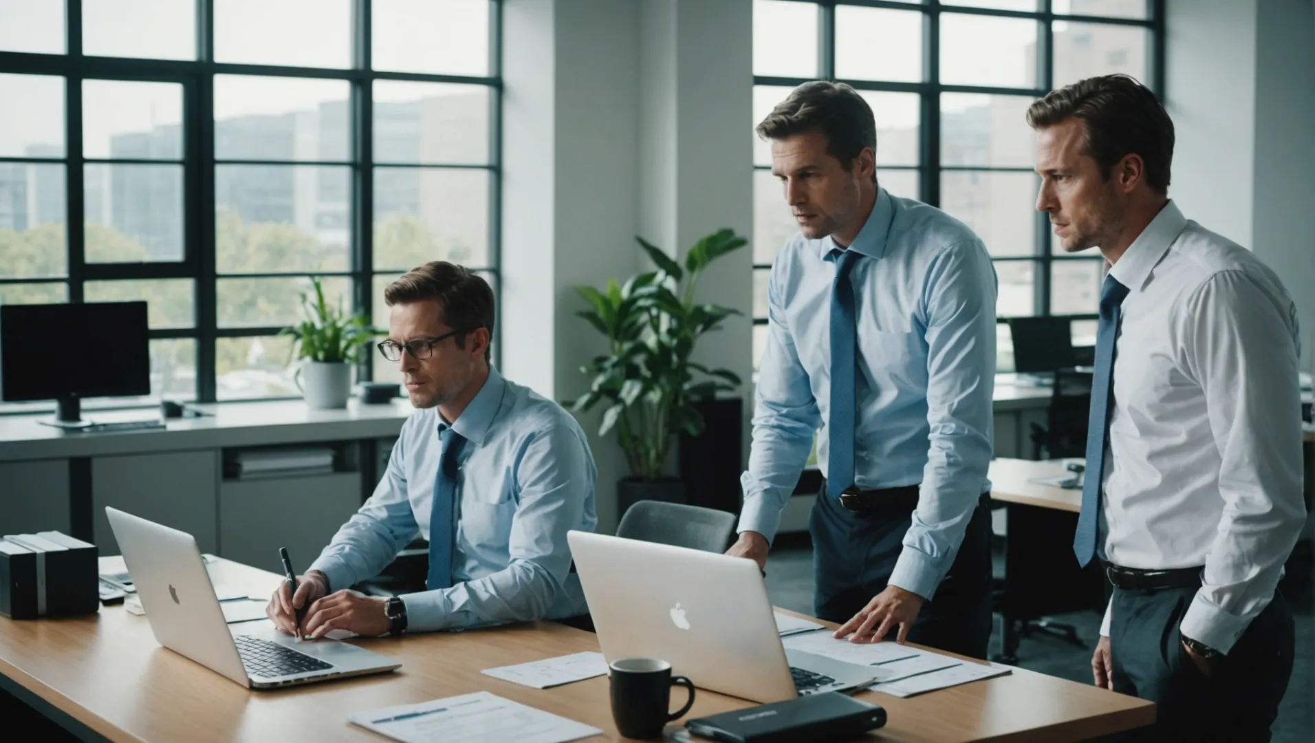 Business professionals evaluating air purifier manufacturers in a modern office