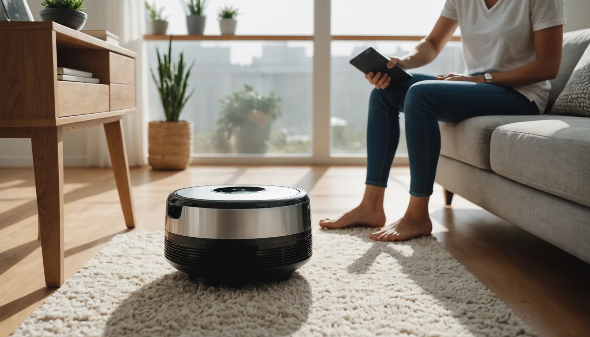 Person cleaning air purifier pre-filter with a vacuum in a modern living room