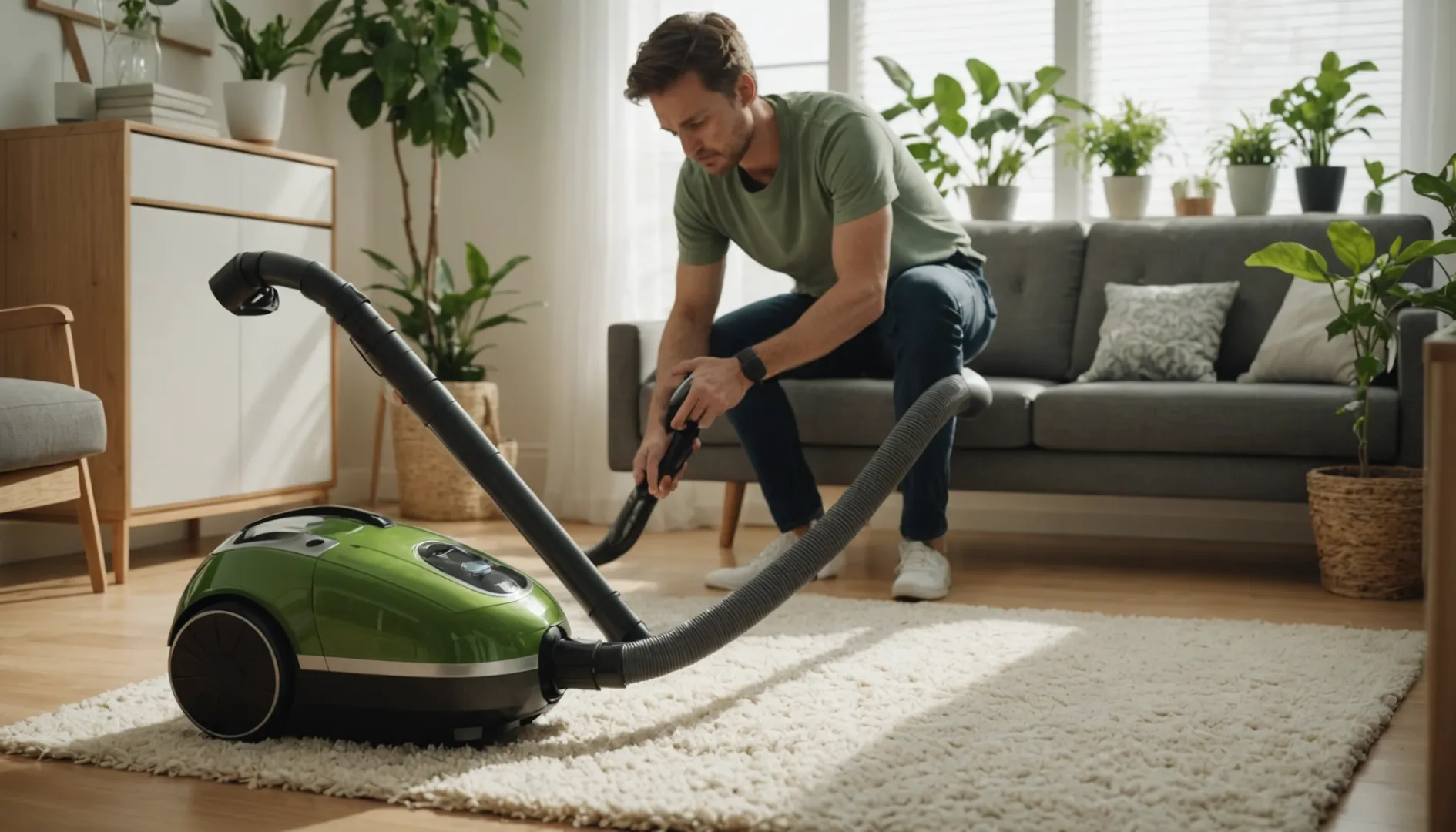 Person using a vacuum cleaner on an air purifier pre-filter in a well-lit room