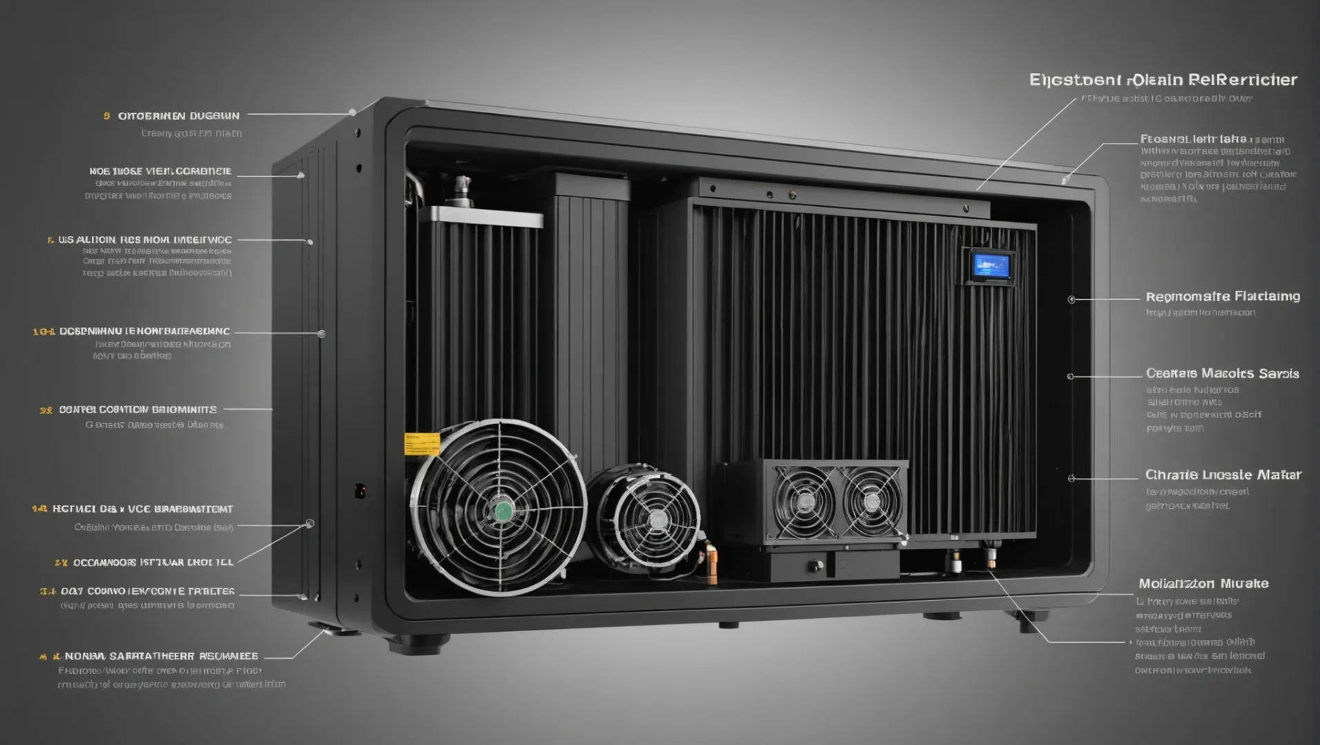 Illustration of key components in a commercial air purifier, including filters, fan, and digital interface.