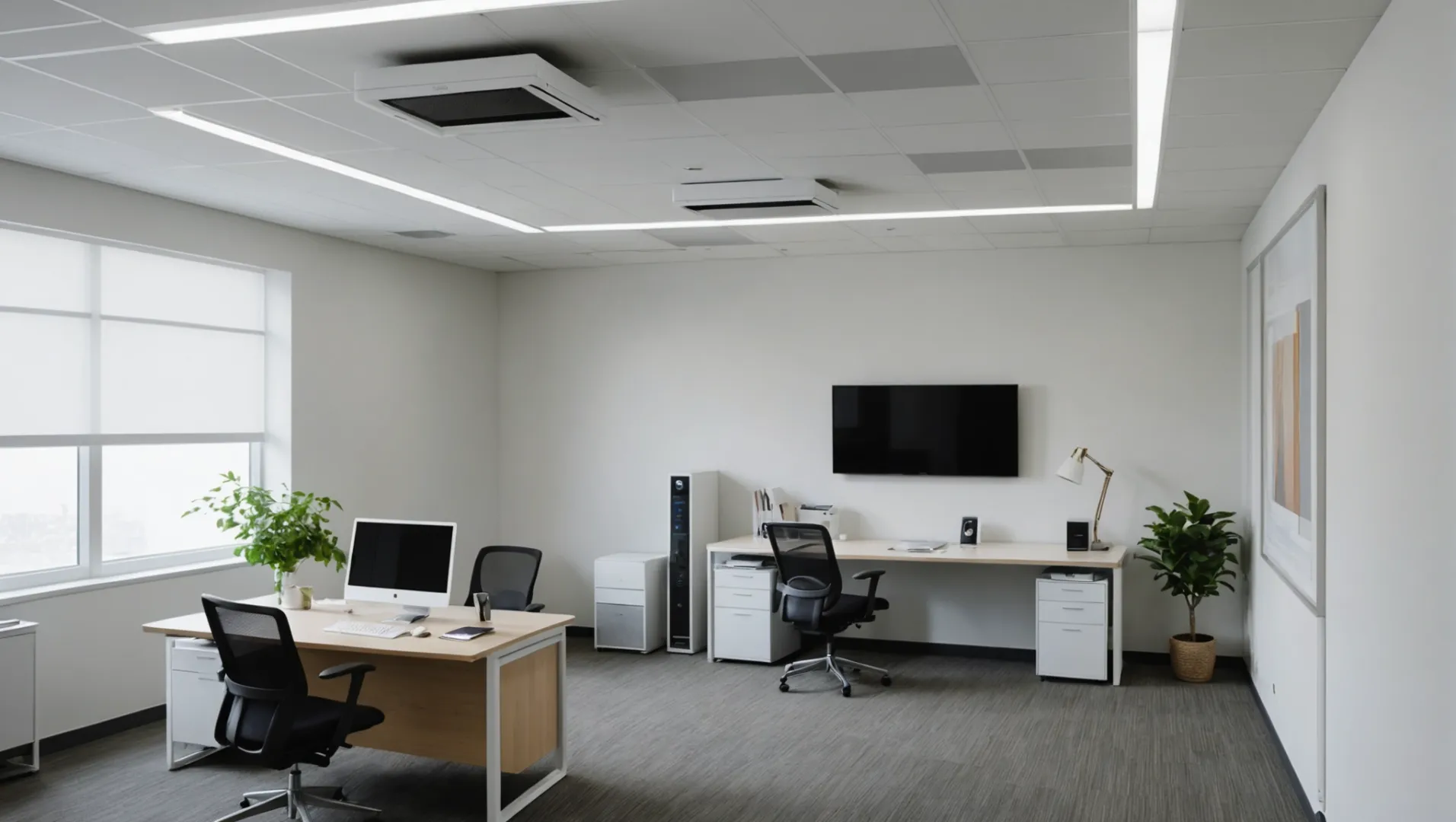 Commercial air purifiers mounted on ceiling and wall in an office setting