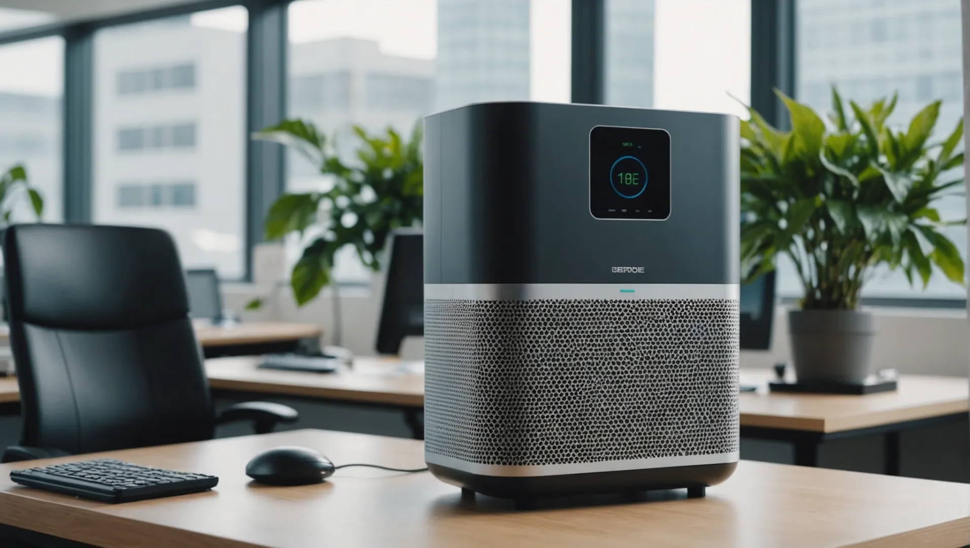 Air purifier in a commercial setting with performance indicators