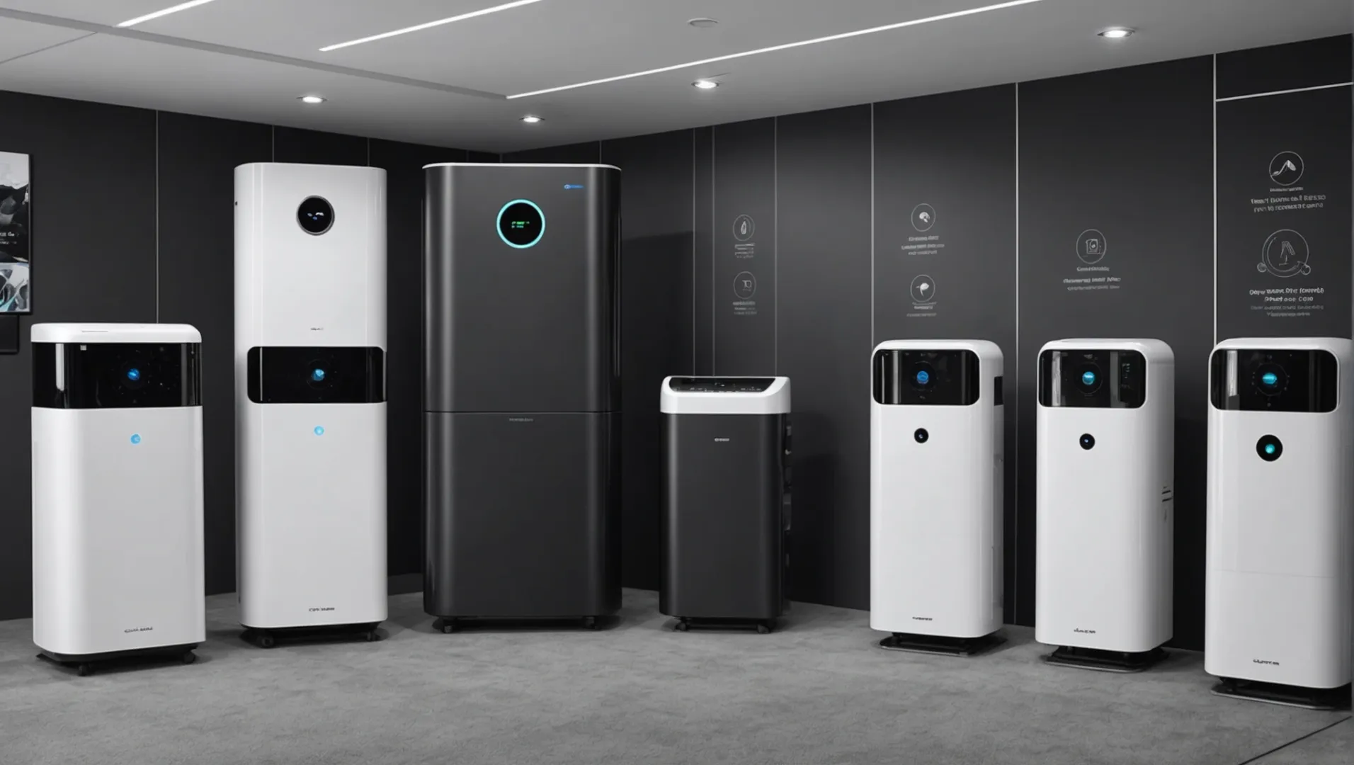 A selection of modern air purifiers with highlighted features like CADR, filter types, and noise levels displayed in a showroom.