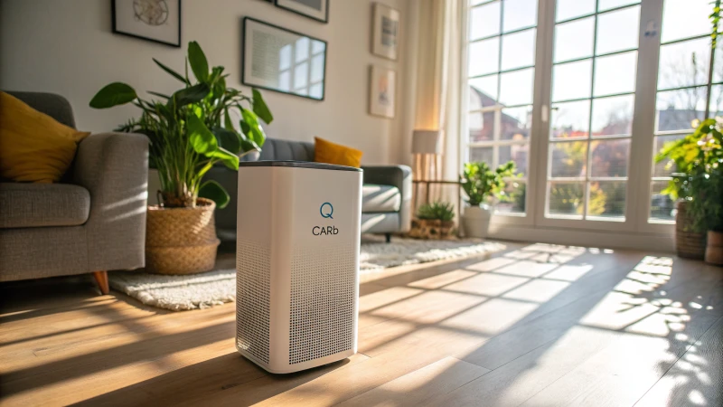 A modern air purifier in a bright living room with houseplants