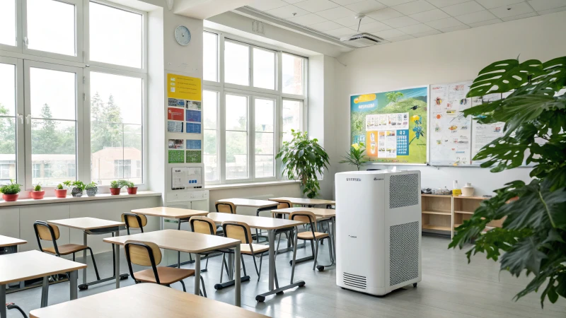 Bright contemporary classroom with air purifiers and educational posters