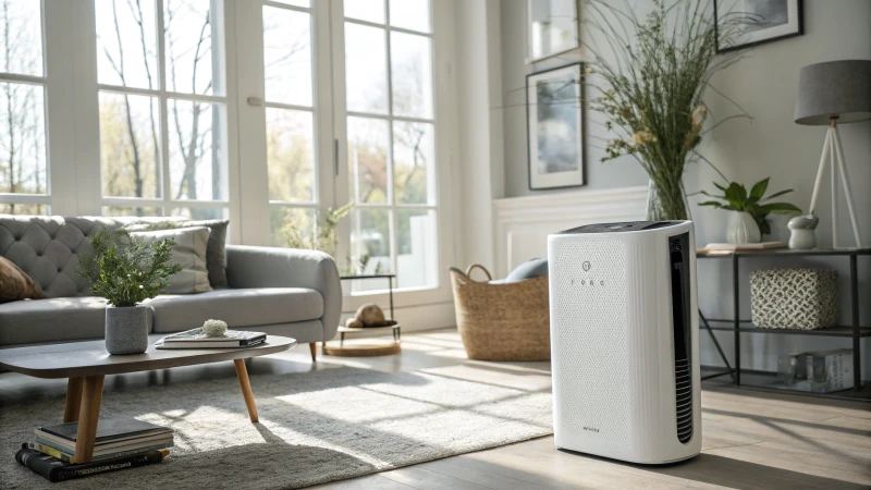 A contemporary living room with a Winix air purifier near a window