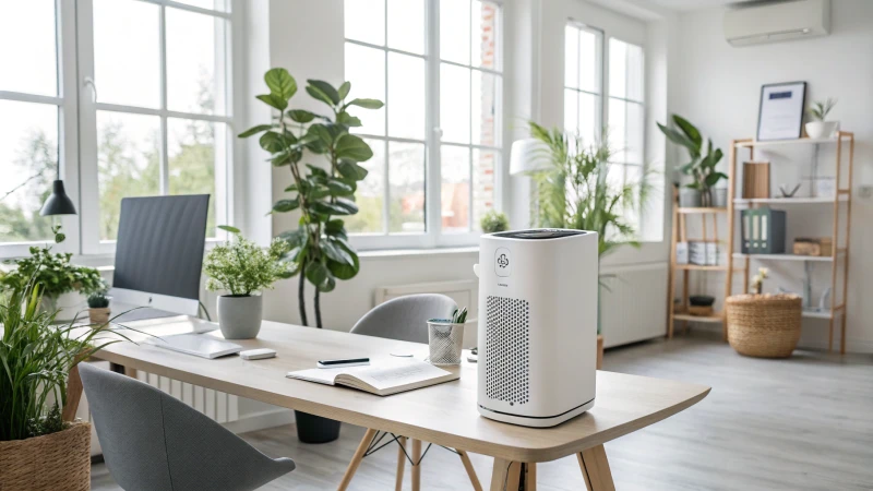 A modern office with a portable air purifier on a desk