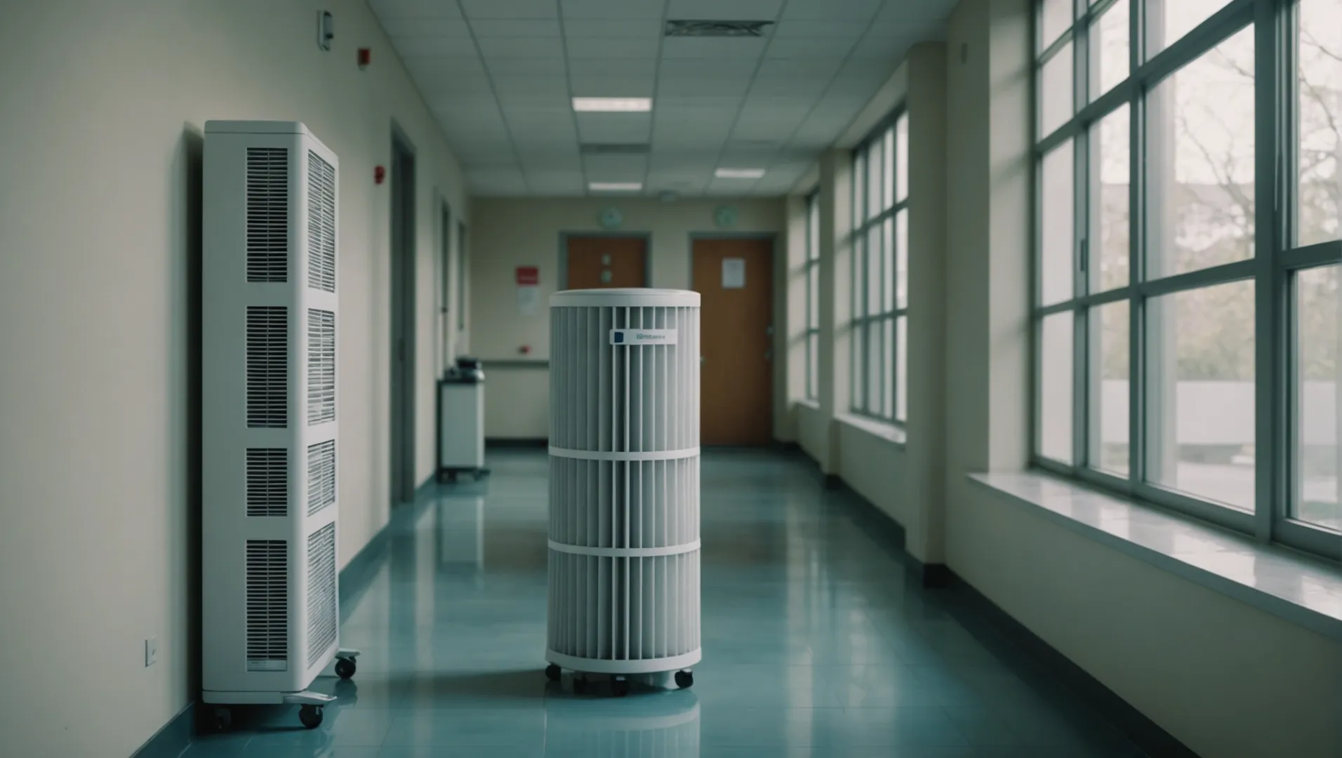 A stack of replacement air filters next to an air purifier in a hospital corridor