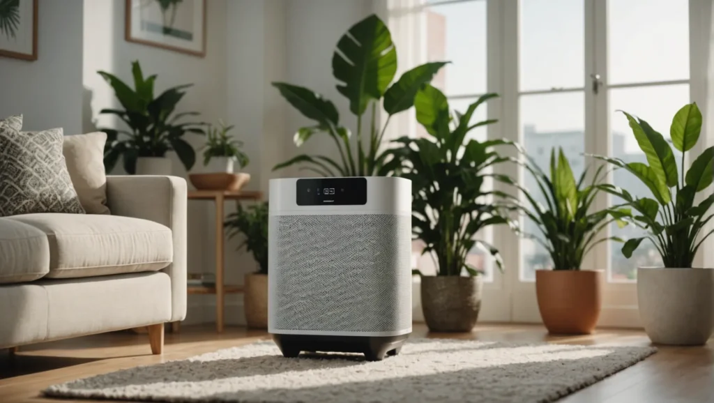 A modern air purifier in a stylish living room during the COVID-19 pandemic era.