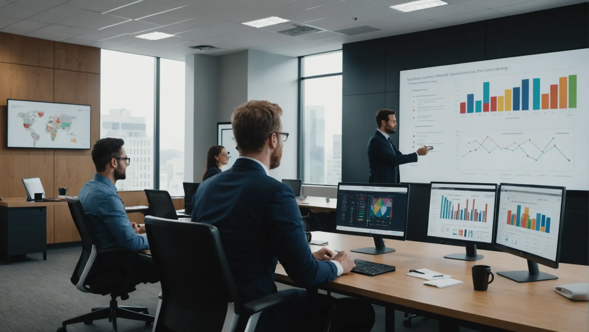 A group of professionals analyzing customer feedback on a large screen in a modern office setting.