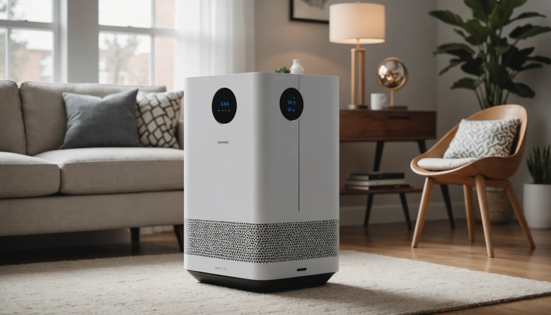 A modular air purifier with interchangeable components on a modern table.