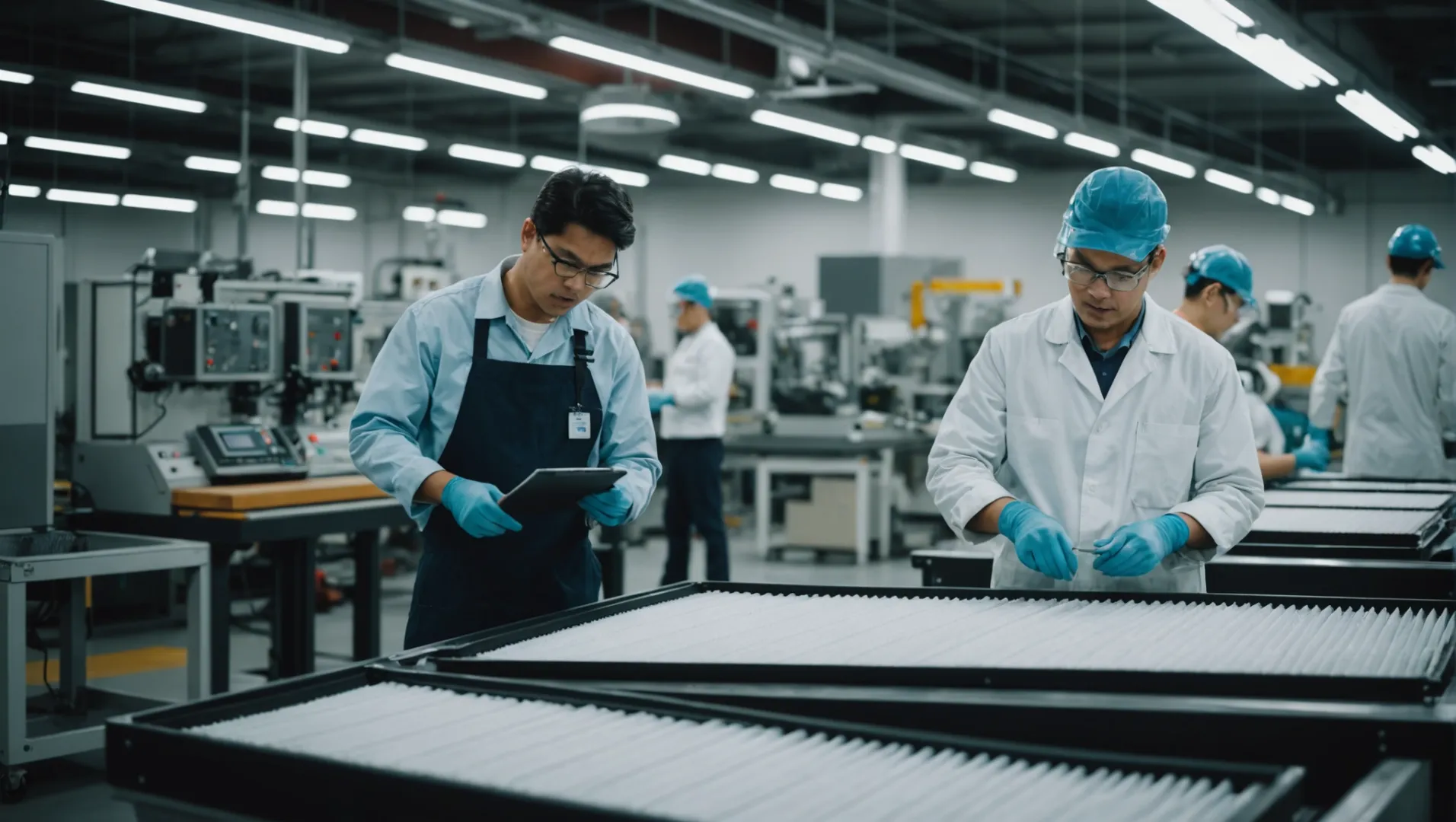 Customized HEPA filters being manufactured in a factory setting