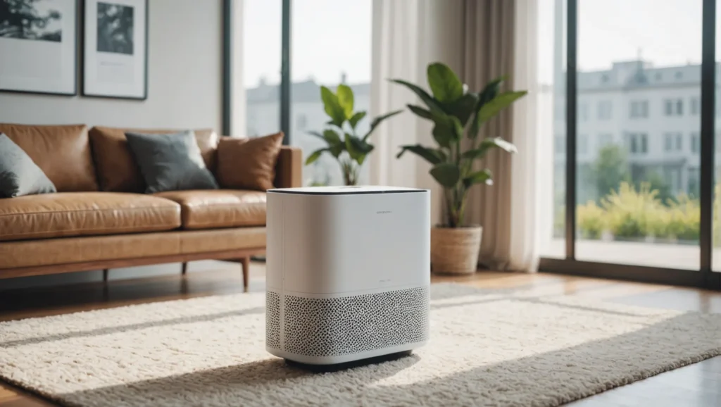 Purificador de aire con tecnología de cancelación de decibelios en un salón moderno