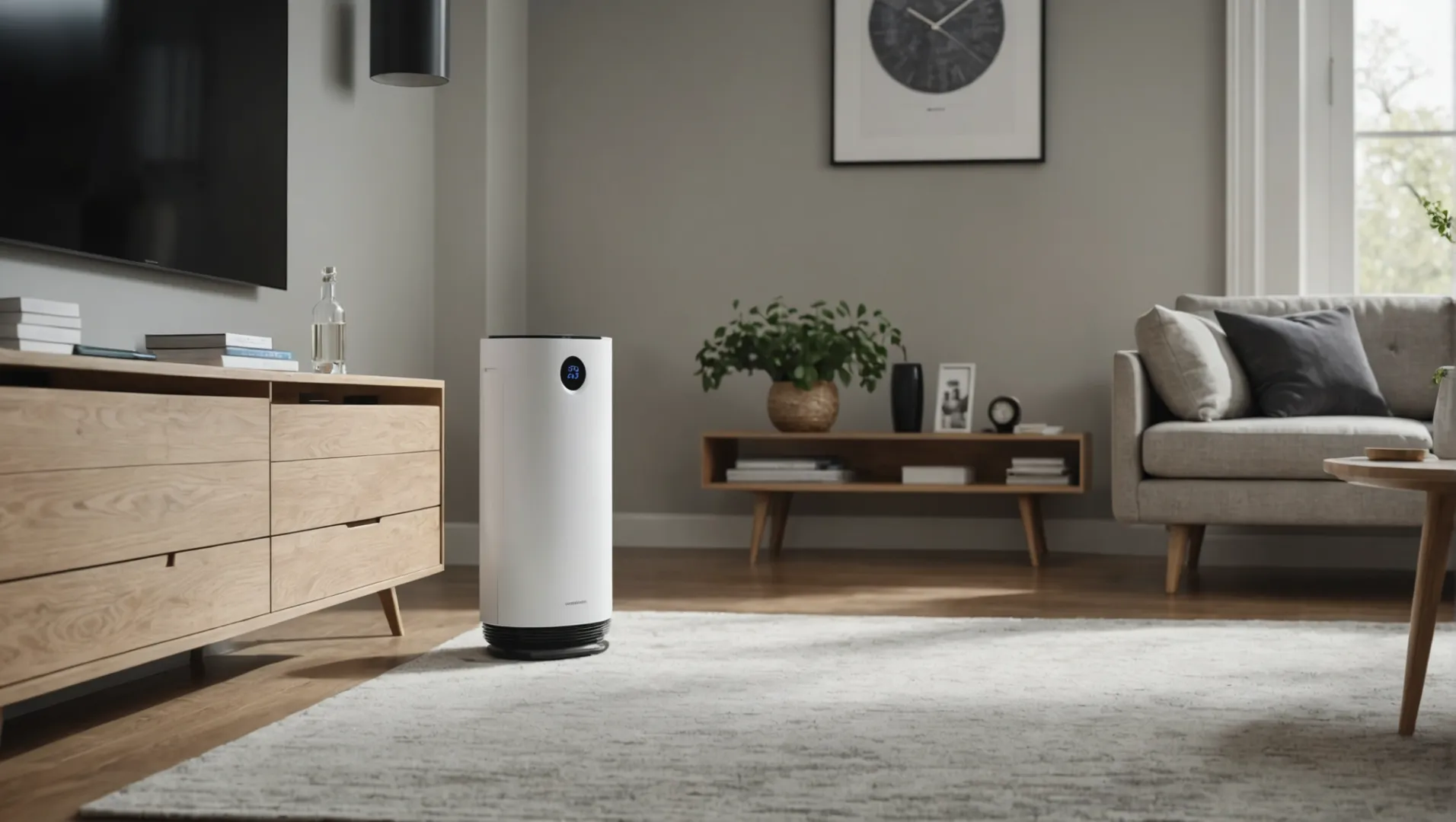 A sleek air purifier with advanced technology features displayed in a modern room setting.