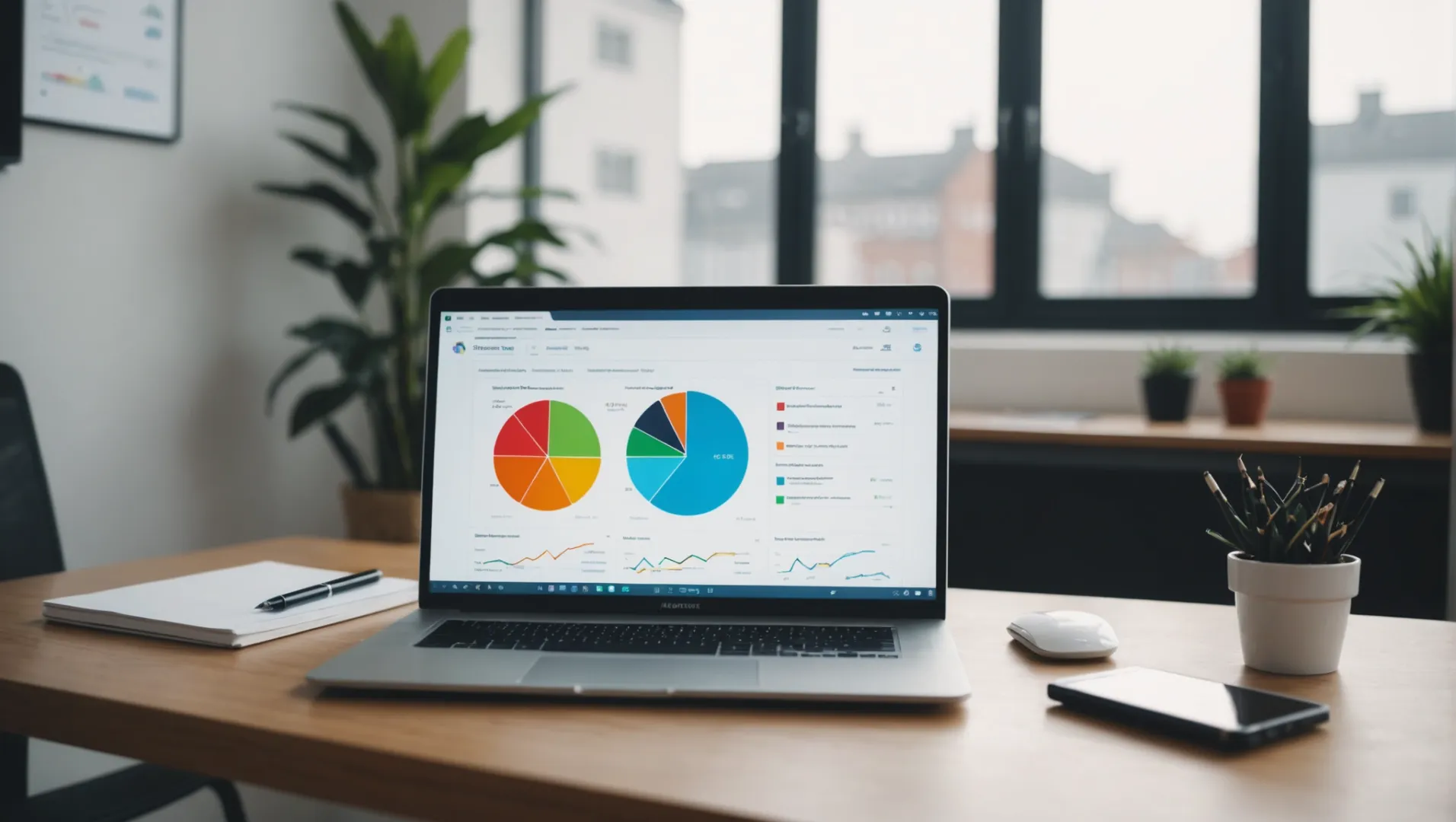 A desk with a laptop showing a digital marketing dashboard and an air purifier beside it.