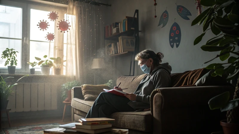 A person in a face mask sitting on a couch in a dimly lit living room with dust particles and wilted plants.