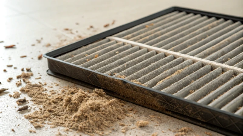 Close-up of a dirty air filter with dust and debris