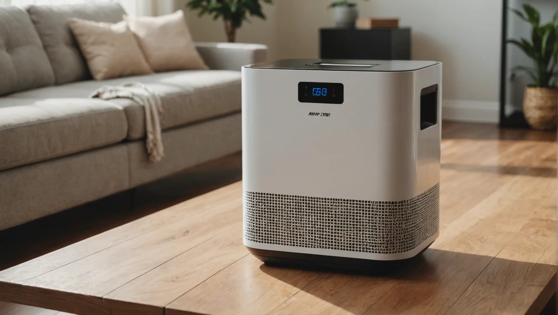 Energy Star and DOE certified air purifier on a wooden table.