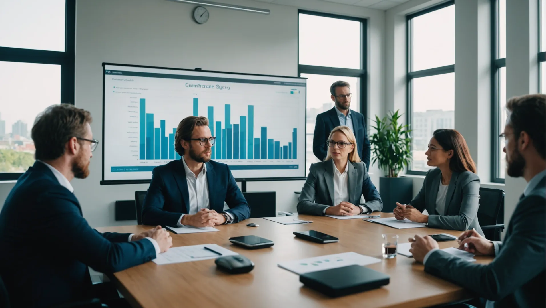 Business professionals analyzing technology charts and supplier data on a conference table.